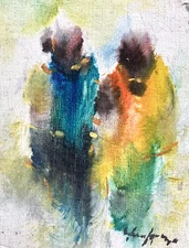 Pair Japanese MCM Art Abstract Walking Geisha Ladies Girls 27x32cm Retro Asian