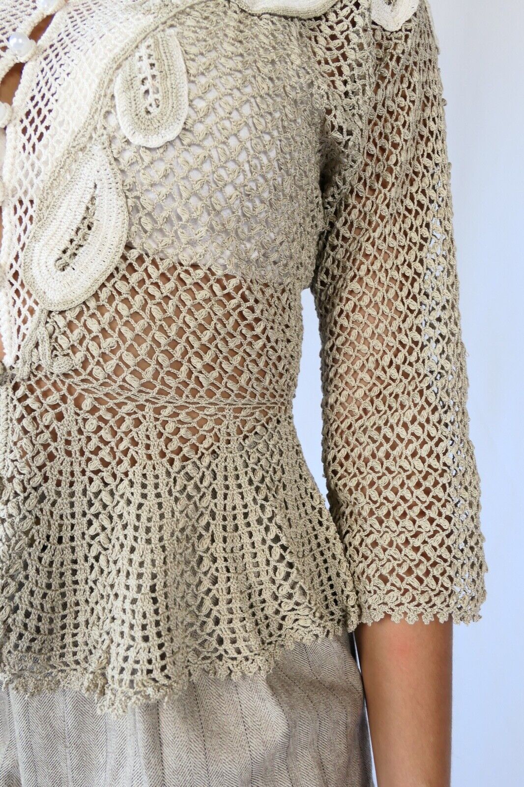 Taupe and Cream Hand Crocheted Festive Top with F… - image 4