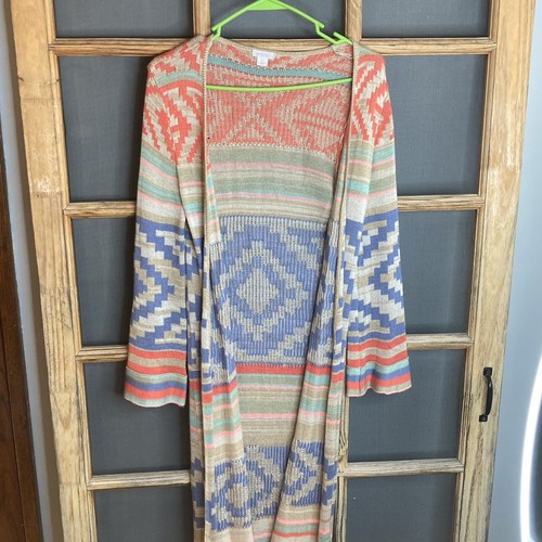 Xhilaration Aztec Damen Open Front Long Cardigan Pullover Gr. S orange hellbraun grün - Bild 1 von 17