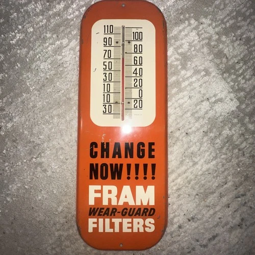 Vintage FRAM Wear Guard Air Filters Gas & Oil Advertising Metal Thermometer Sign