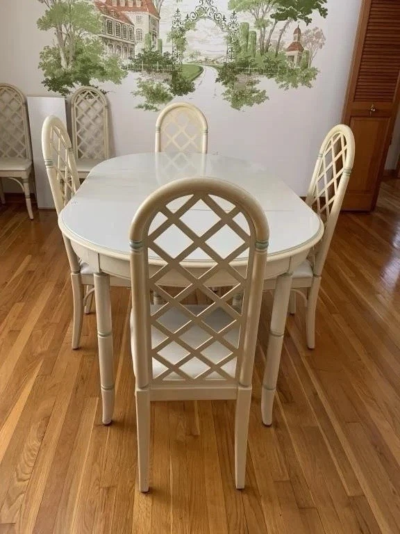 Juego de comedor Thomasville Allegro imitación bambú palma regencia, 3 hojas, 6 sillas de colección Foto 2 de 4