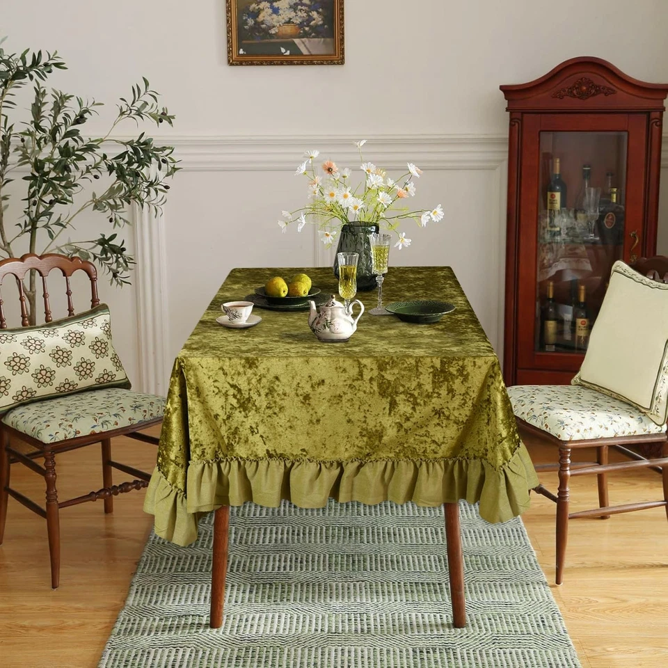 Olive Green Ruffles Ruffle Tablecloth, Vintage French Country House Iced Velv... - Image 3 of 4