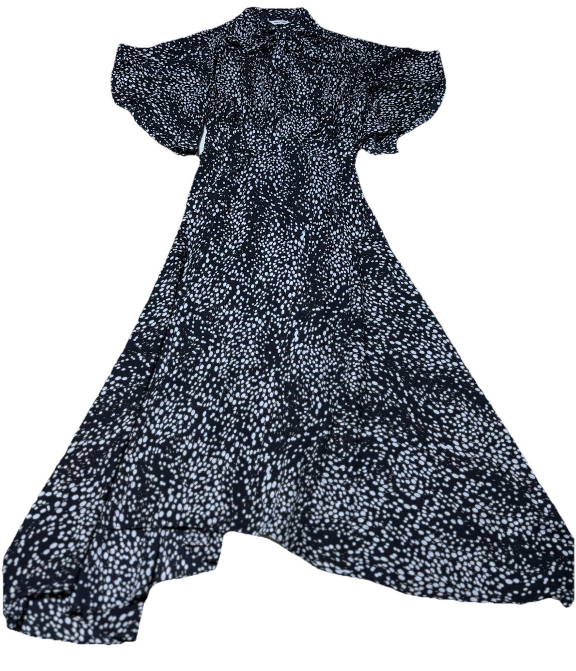 Max Studio Midi Dress M Black White Polka Dot Tie Neck Flowy High Low Boho