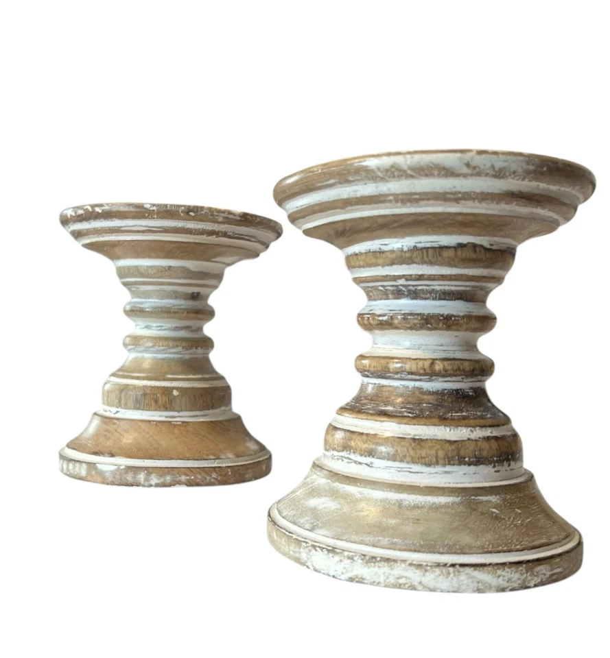 2 Distressed Wood Candle Holders Whitewashed Rustic-Vtg Cottagecore Farmhouse - Image 3 of 4