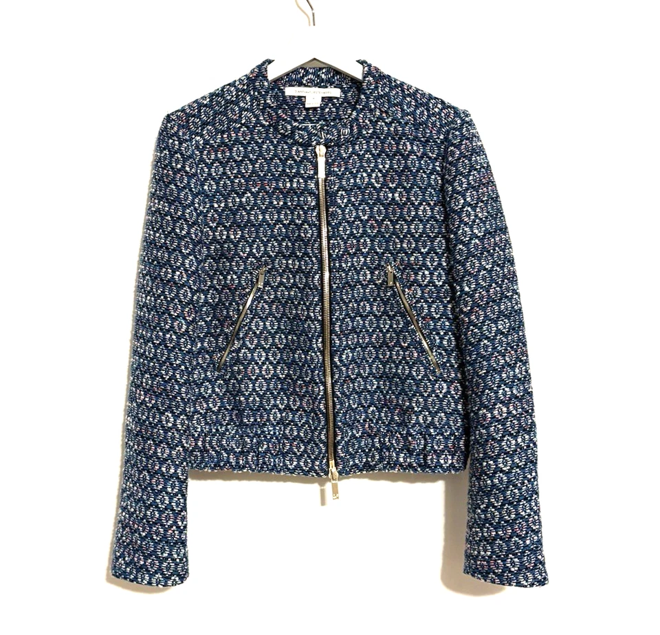 Chaqueta Blazer DVF Tweed 8 Azul Cremallera Completa Buckley Tejido Bolsillos Cortos Foto 3 de 4