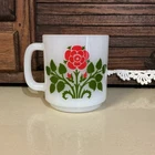 Vintage Glasbake Retro Red Rose Bud Flower Coffee Cup Mug White Milk Glass