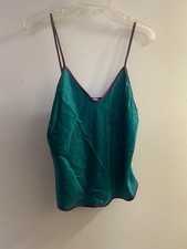 Vintage Escapades Womens Green Satin Cami Camisole Tank Top M Medium Purple Trim