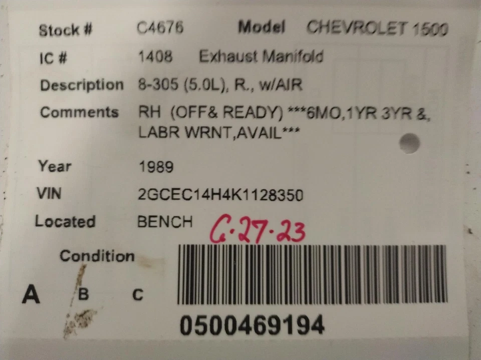 Used Right Exhaust Manifold fits: 1989 Chevrolet 1500 PICKUP 8-350 5.7L R. w/AI - Image 2 of 4