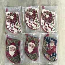 Wool Needlepoint Christmas Stocking Lot Red Velvet Backing Santa Wreath 6 Mini