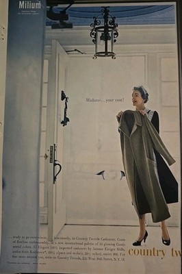 1959 Eigner Mills Cashmere Country Tweeds Women's Coat  vintage House Maid Ad 