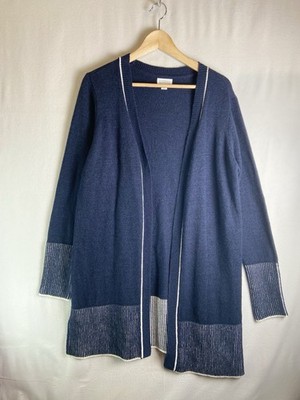 Market Spruce Wool Blend Open Front Cardigan Sweater Navy Blue Stripe Trim XL