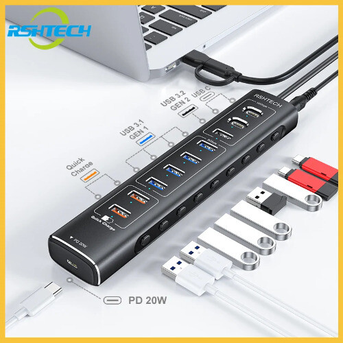 USB HUB 10Gbps Type-C PD C Hub 60W USB-A 3.2 QC3.0 Charging Ports USB Splitter - Bild 2 von 15