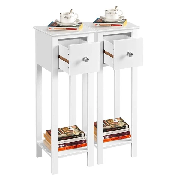 Slim Bedside Tables Set of 2PCs White Tall Nightstands with Drawer Shelf Home
