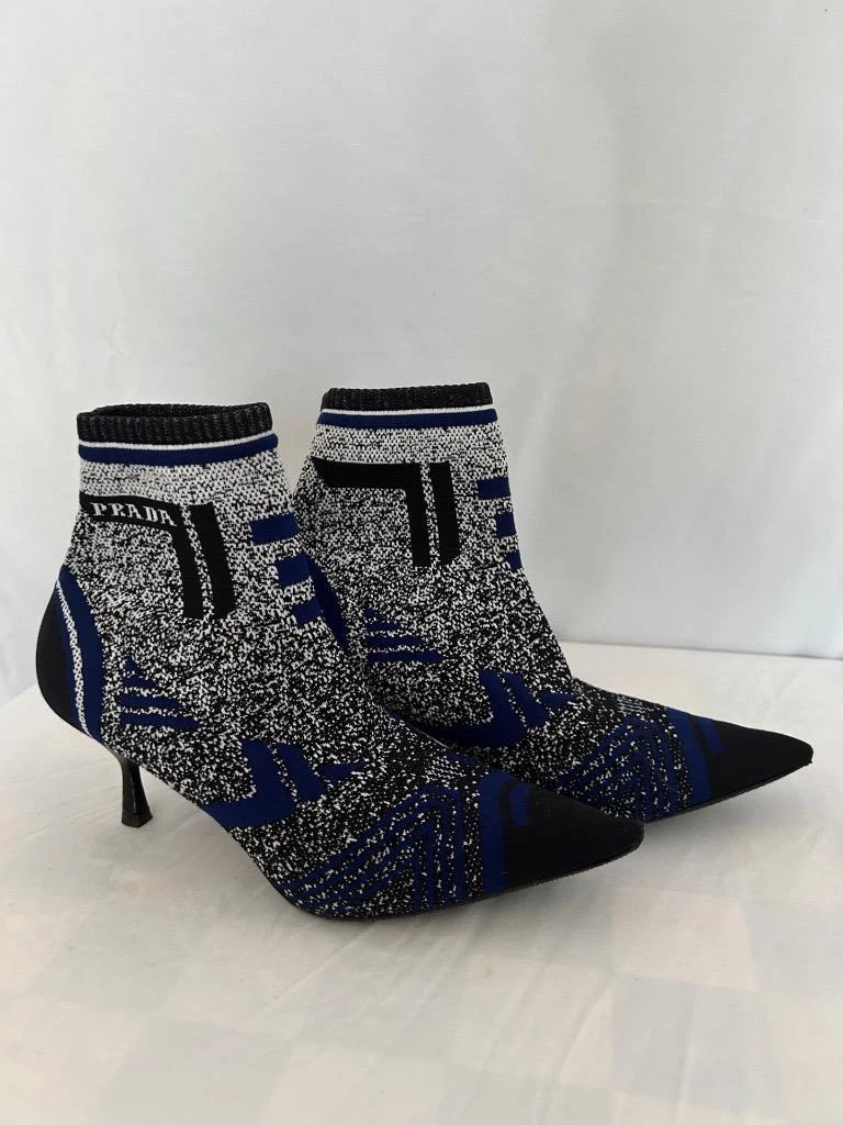 Stivaletti Prada blu bianco nylon lavorato a maglia 2 5" tacco punta a punta 38 1 2