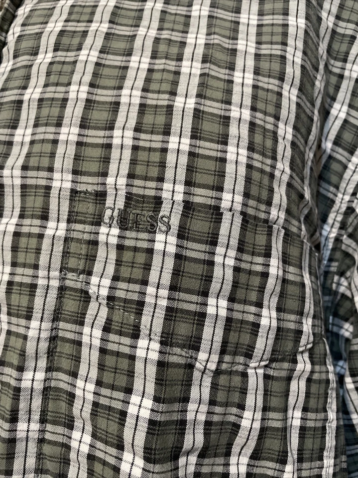Guess Jeans Mens XL Vintage Casual Lounge Shirt Green Brown Plaid Rayon  - Image 3 of 4