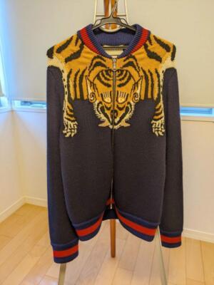 GUCCI Tiger Zip-Up Cardigan Blouson M Size Men's Long Sleeve Navy