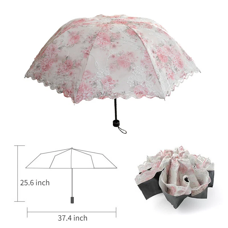 Paraguas de encaje con flores anti-UV impermeable 3 pliegues bordado sombrilla boda graduación Foto 4 de 4