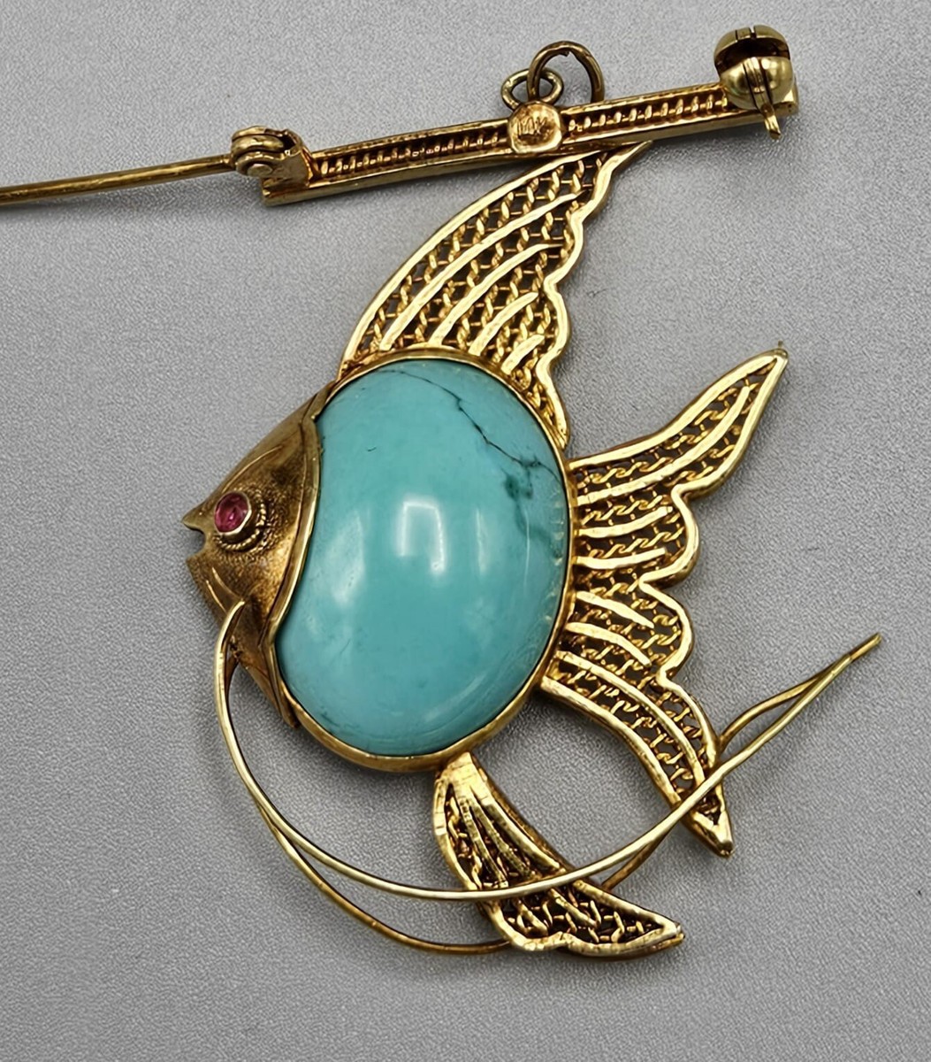 14 K Retro Gold Fish Brooche Natural Turquoise & Ruby Pin  display picture 2