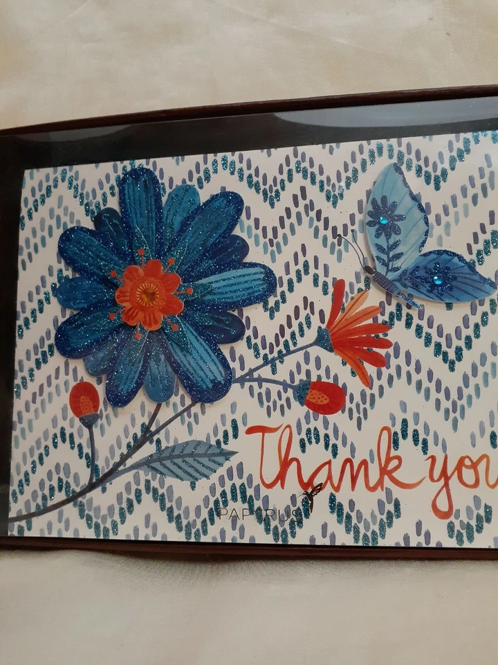 Juego de 8 tarjetas y sobres de agradecimiento de papiro azul mariposa naranja flores nuevo en caja Foto 2 de 4