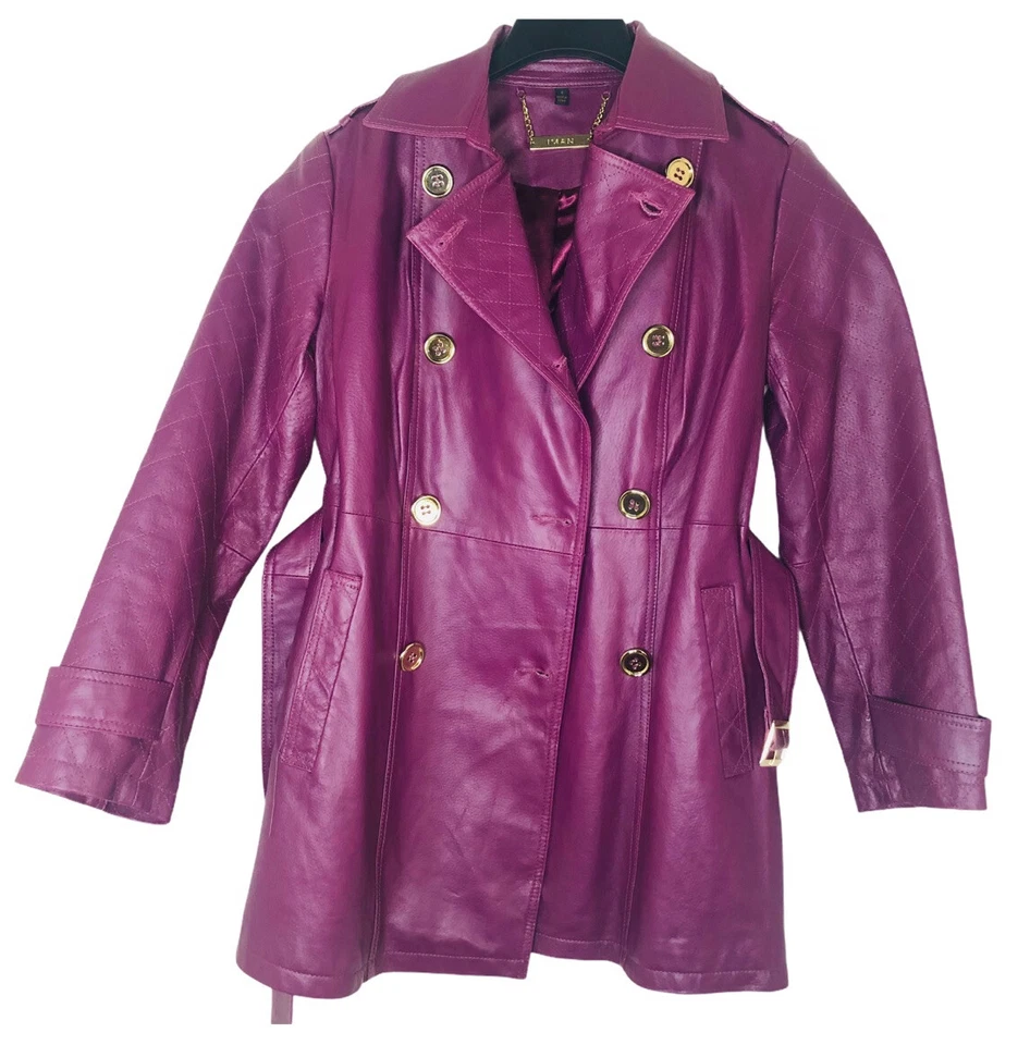 Abrigo chaqueta vintage de cuero IMAN con cinturón para mujer talla S Foto 3 de 4