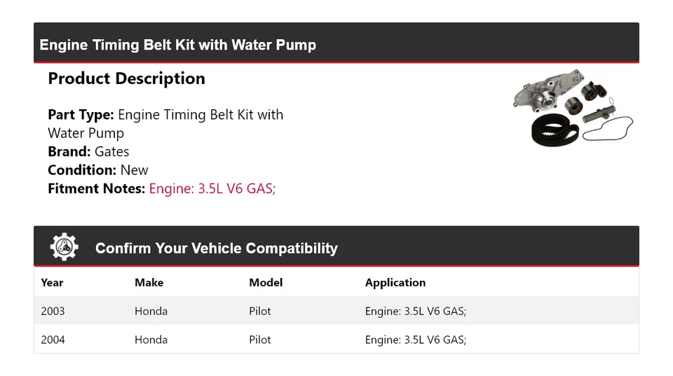 Kit de correa de distribución de motor Honda Pilot 2003-2004 con puertas de bomba de agua Foto 2 de 4