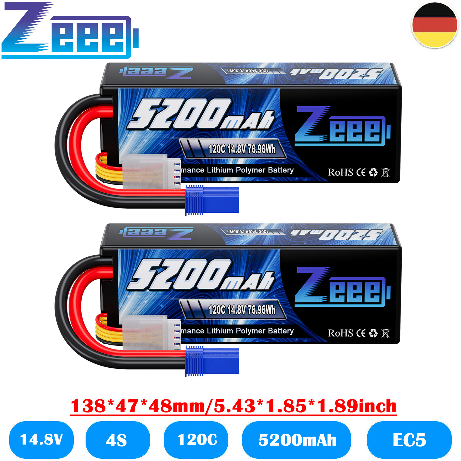 2x Zeee 4S Lipo batteria batteria 14.8V 5200mAh 120C EC5 per RC aereo auto camion
