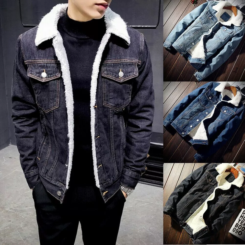 Men's Lapel Sherpa Fleece Lined Thicken Denim Jackets Winter Warm Button  Stand Collar Jean Jacket Coats Casual Fashion Windbreaker Trucker Jacket -  Walmart.com