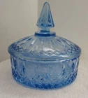 Vtg Indiana Depression Glass Princess Diamond Point Blue Covered Candy Dish 6in