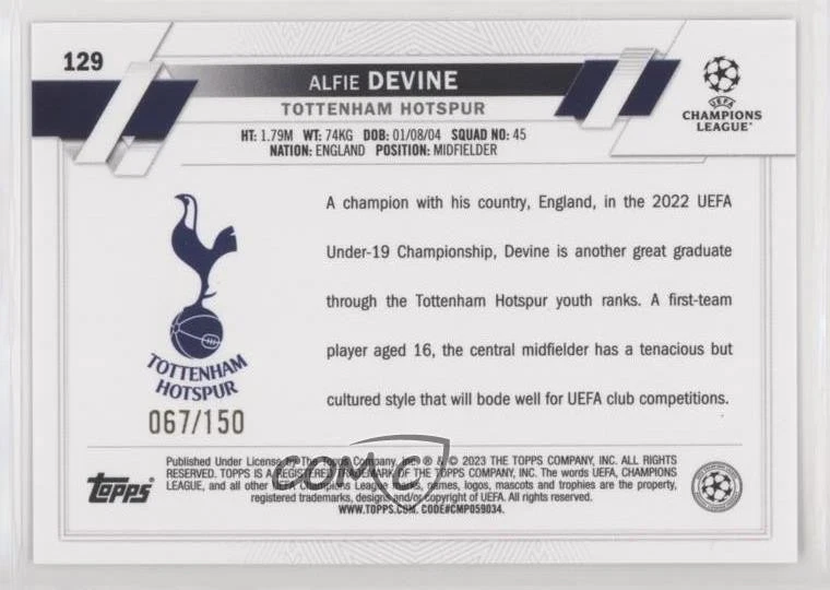2022 UEFA Club Competitions Black & White Icy Foil /150 Alfie Devine Rookie RC - Image 2 of 2