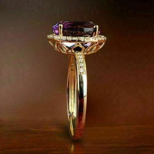 Anillo de boda de oro amarillo de 14 quilates de amatista natural y diamantes de corte ovalado de 5,00 quilates talla 8 Foto 4 de 4