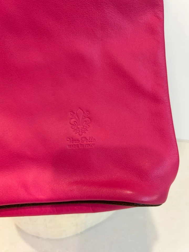 Bolso Bandolera Vera Pelle Italia Cuero Rosa Marrón Borde Correa Cierre Cremallera Foto 2 de 4