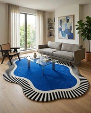 Abstract Blue Wool Rug, Hand Tufted Irregular Area Rug, Modern Organic Shape Rug