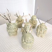 Vtg Lucky Gods Celadon Mini Vases Green Porcelain Set Of 6 Eastern Culture