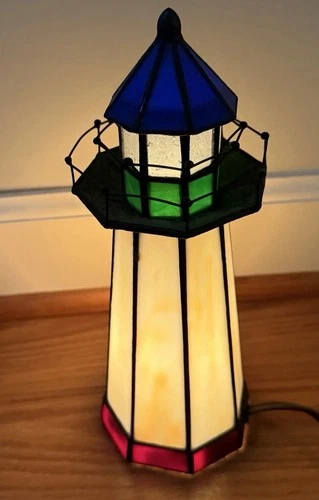 Vintage Tiffany Style Stained Glass Lighthouse 10" Tall Accent Night Light