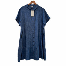 POETRY 100% Linen Aqua Navy Short Sleeve Button Front Dress US 18 NWT Lagenlook