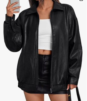 Women's Oversized Faux Leather Jacket Black Bomber Coat Casual Vintage Fashion