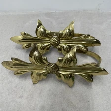 2 Vtg Brass Leaf Bow Curtain Tie Backs Gold India Patina Heavy Pineapple Center