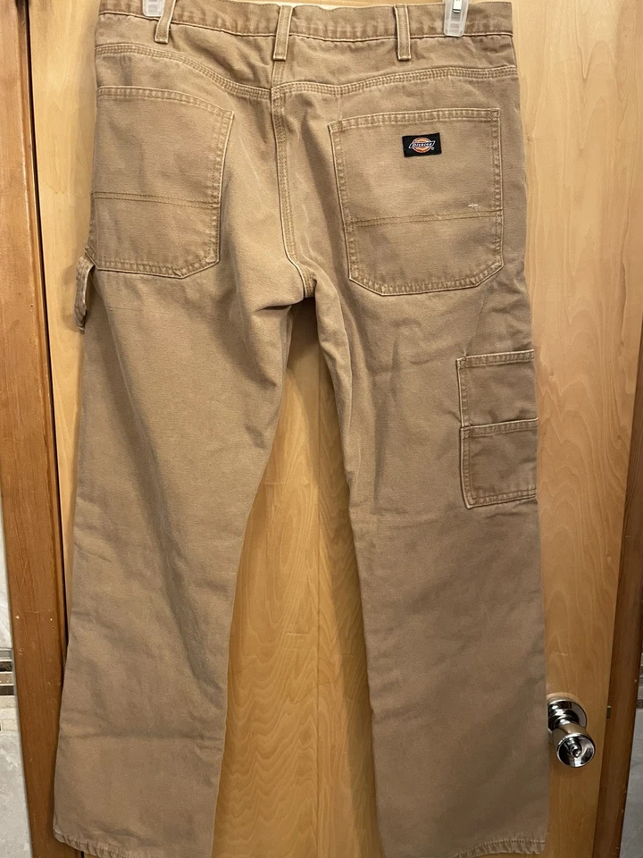 Pantalones de carpintero Dickies para hombre calce relajado beige a cuadros forrados de franela 34x32 Foto 2 de 3