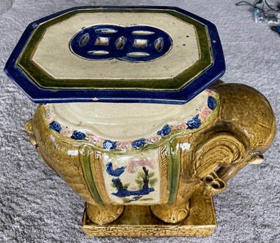 Vintage Hand-Painted Ceramic Elephant Plant Stand-Hollywood Regency Style-Large