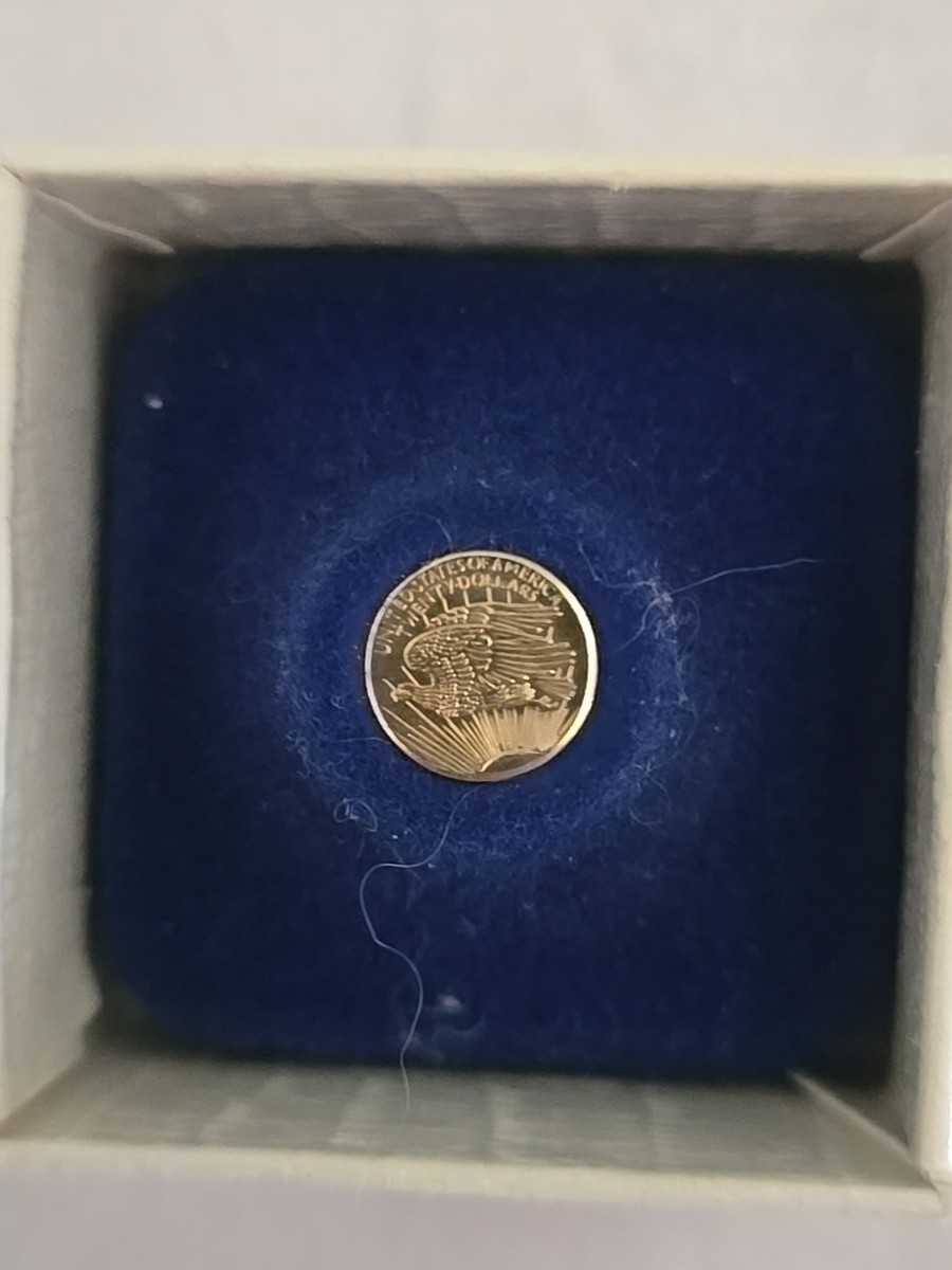 MINIATURE 1908 ST GAUDENS 22K GOLD COIN, COLUMBIA MINT, IN BOX .3g