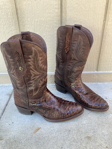 Stivali da cowboy Texas Country 11 44 1995 pelle di serpente marrone pelle punta punta - Foto 3 di 12