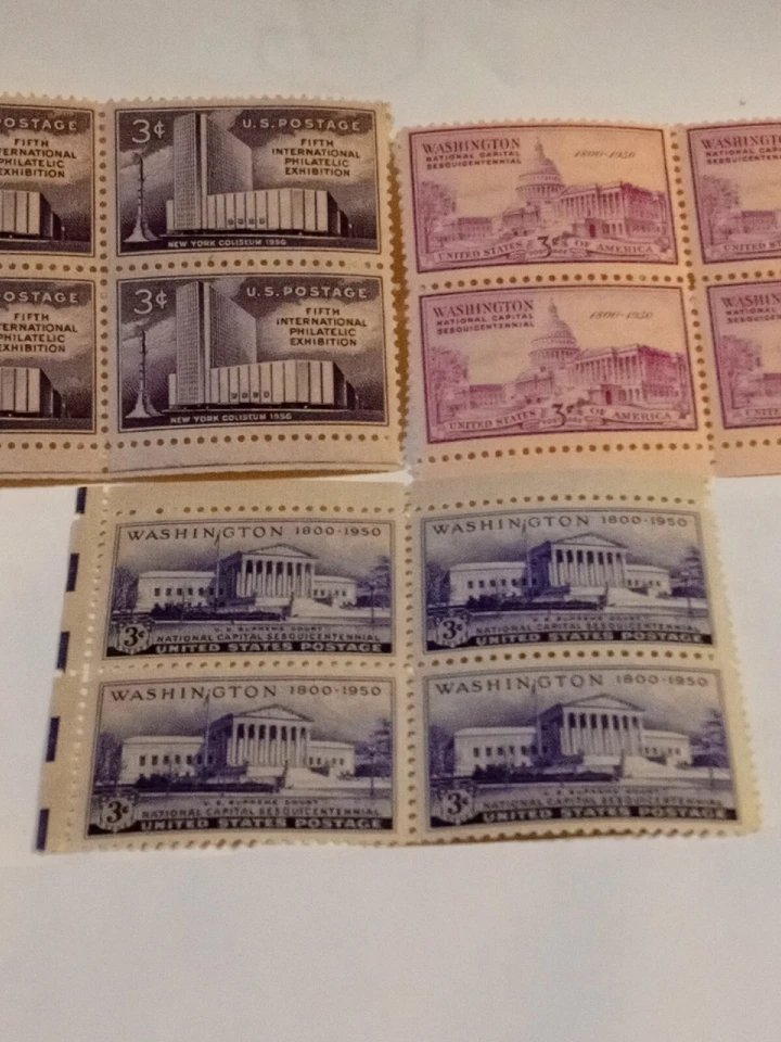 MINT NH OG THREE 3 CENT STAMP BLOCKS CV 5.50 - Image 4 of 4