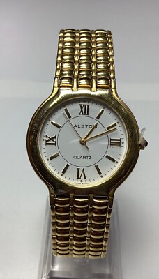 Halston Vintage Watch Gold Tone White Dial Quartz Watch  New Battery Size 8 
