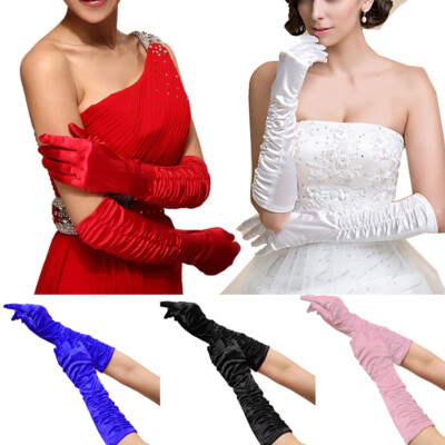 Bridal Wedding Long Pleated Gloves Satin Gloves for Evening Party Prom Costume