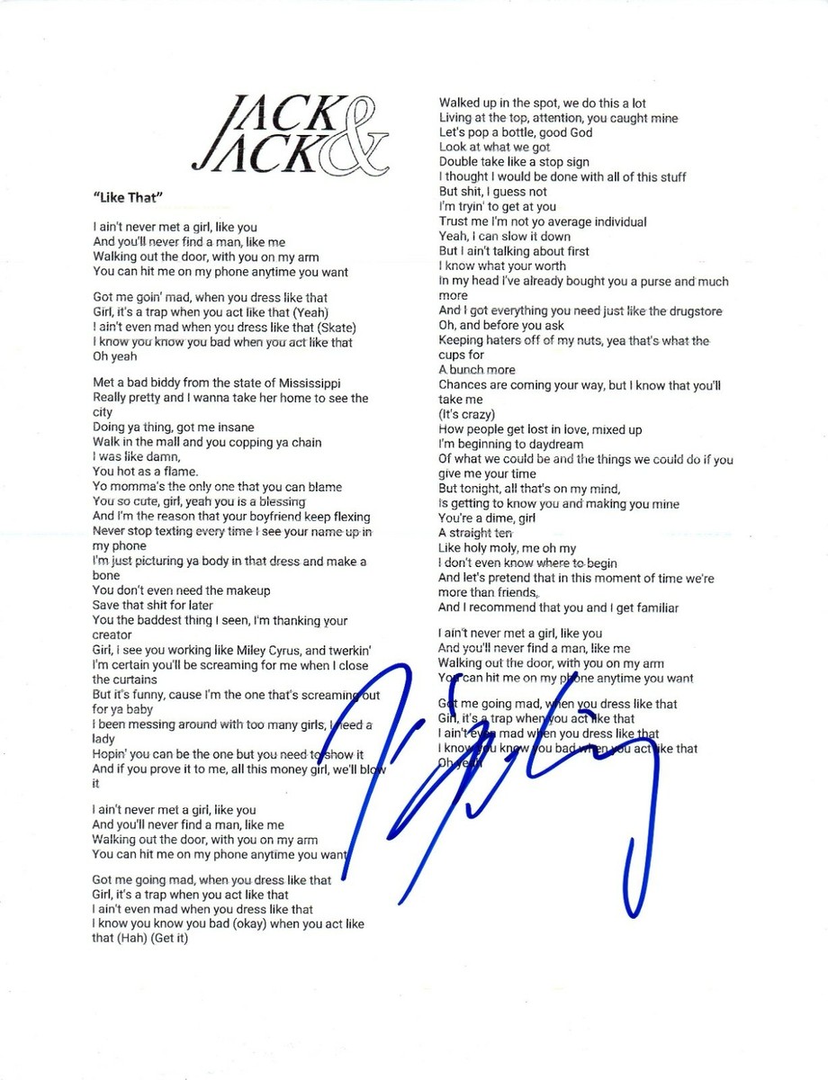 Jack Gilinsky Jack & Jack Singer Like That Autographed Signed 8.5x11 Lyric Sheet Jack Gilinsky Jack & Jack Singer Like That Autographed Signed 8.5x11 Lyric Sheet