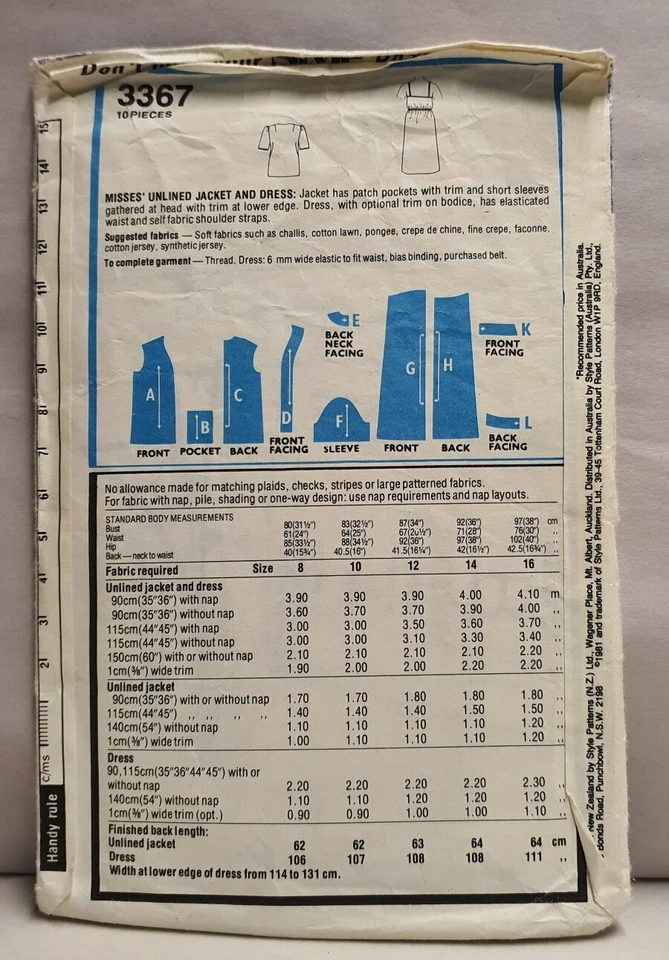 Vintage Style Sewing Pattern 3367 c1981 Size 12 Cut Misses Unlined Jacket Dress - Image 2 of 3