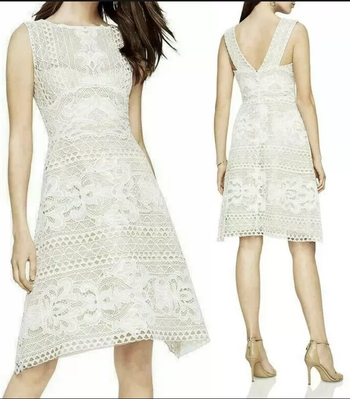 BCBG MaxAzria Kira Lace Midi Dress NWT Sz 8 White Bridal Wedding Floral A Line