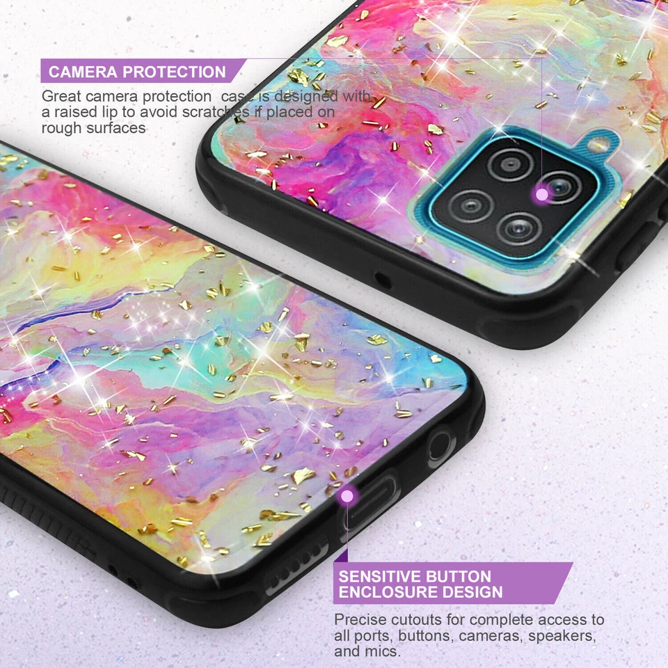 For Galaxy A12/A32/A51/A52 Phone Case Rainbow Glitter TPU Cover +Tempered Glass - Image 4 of 4