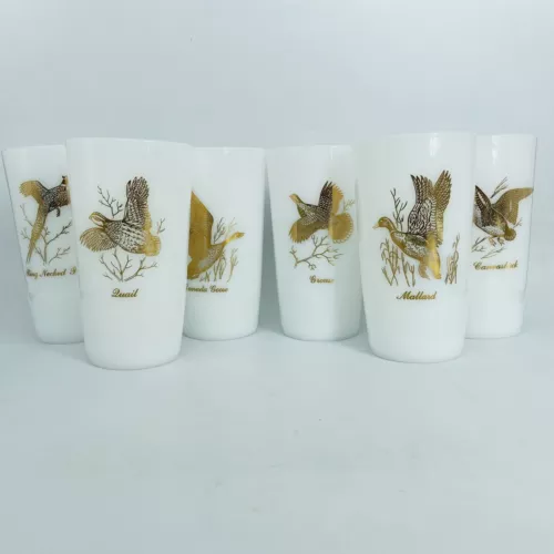 Federal Milk Glass Game Bird Tumblers 22Kt Gold Quail Duck Set of 6 Vintage