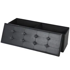 Storage Ottoman Bench 43'' Faux Leather Black Footrest for Bedroom and Hallway